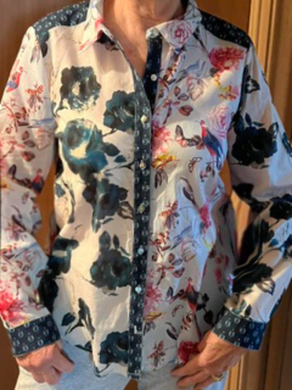 Sundance Boutique White Button-Down Shirt with Navy & Pink Floral Print